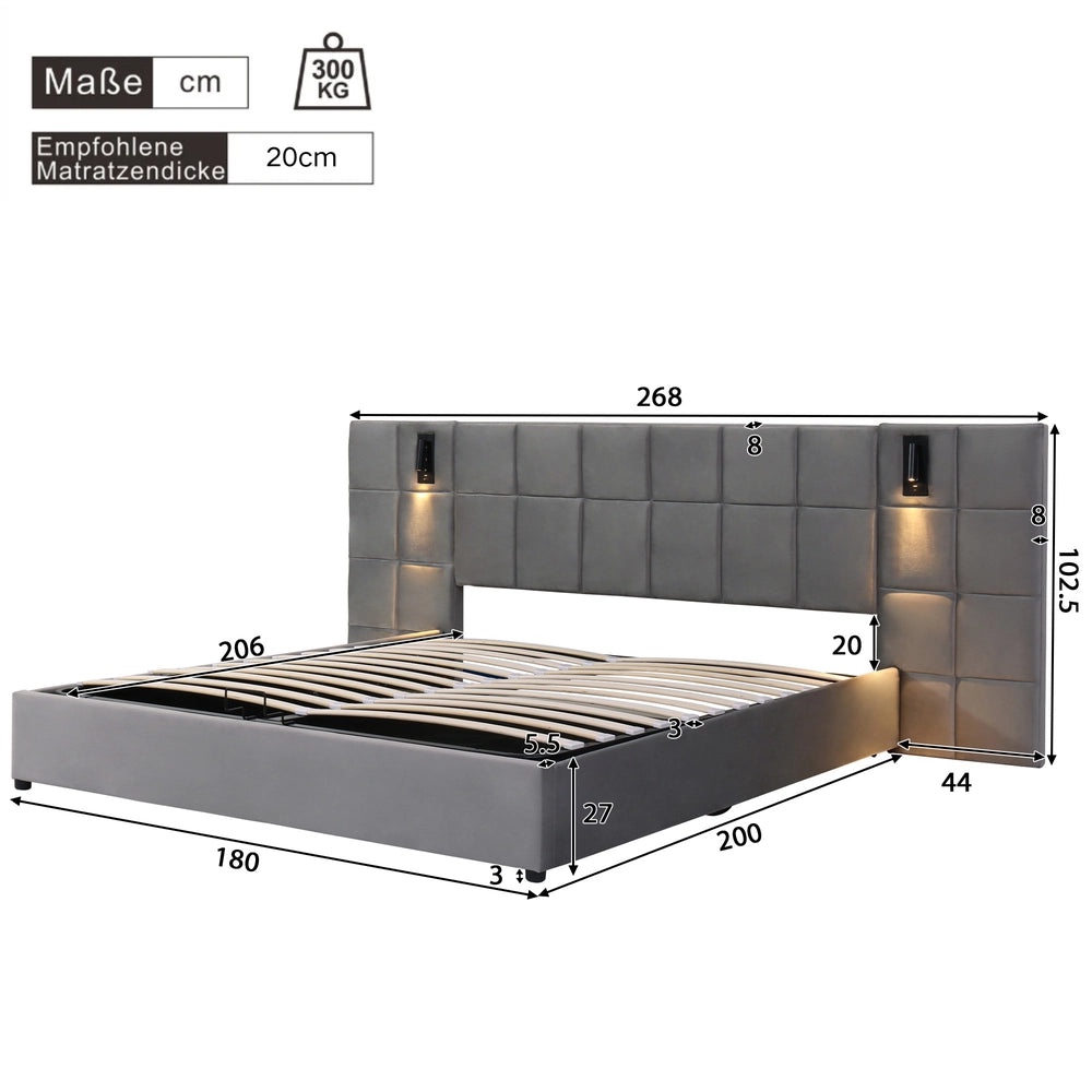Letto Contenitore Imbottito con LED e USB ¨C Xylo ¨C Velluto Grigio 180x200