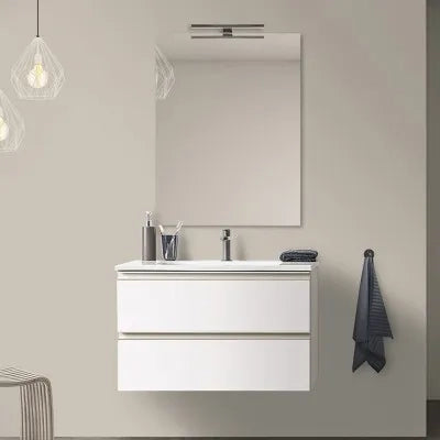 Mobile bagno sospeso 80 cm bianco opaco con lavabo e specchio tondo Master