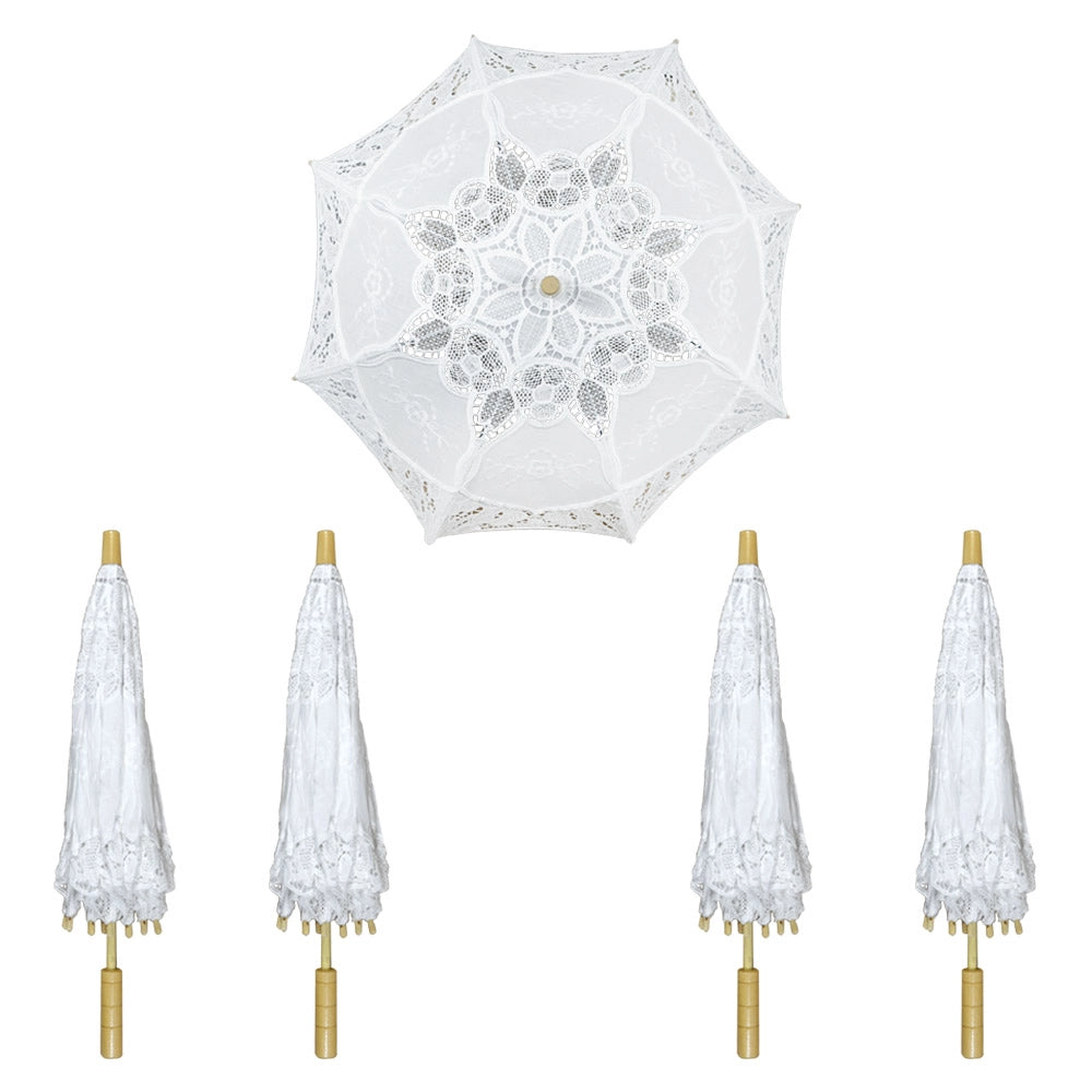 5 Mini-Ombrelli Wedding in Legno con Pizzo Bianco Ricamato 53 x h 60 cm