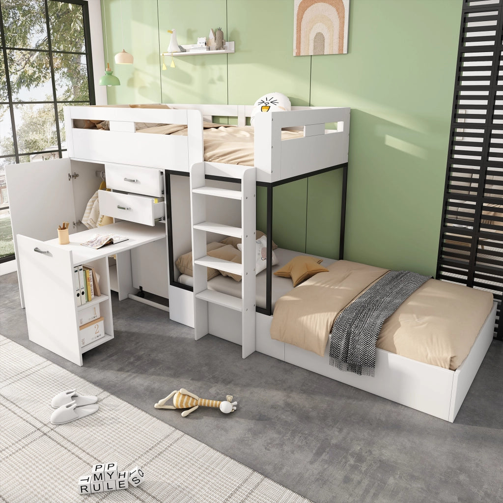 Letto a castello con scrivania estraibile e guardaroba in MDF 90x200 cm