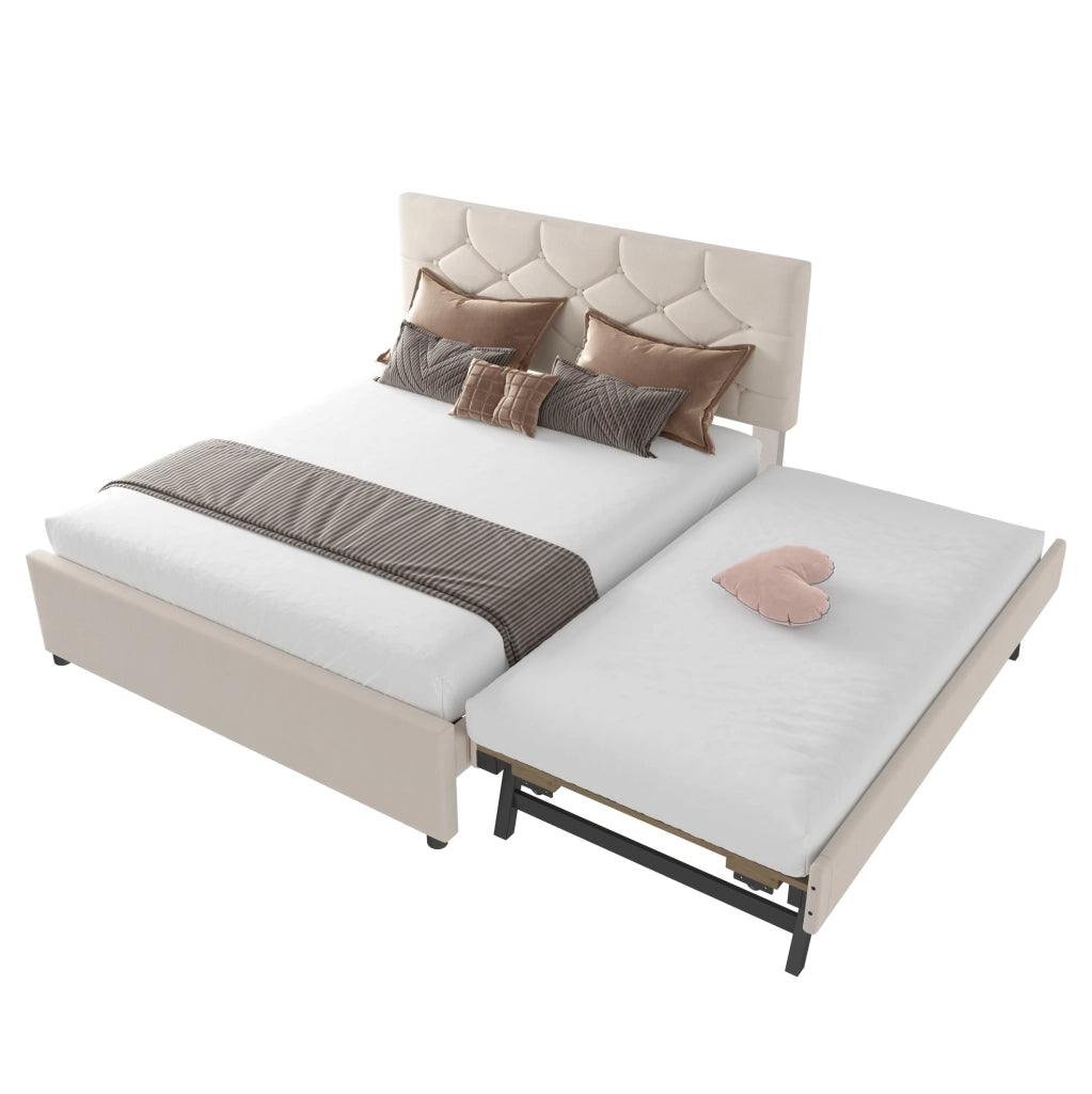 Letto imbottito 140x200 cm con letto estraibile in velluto beige