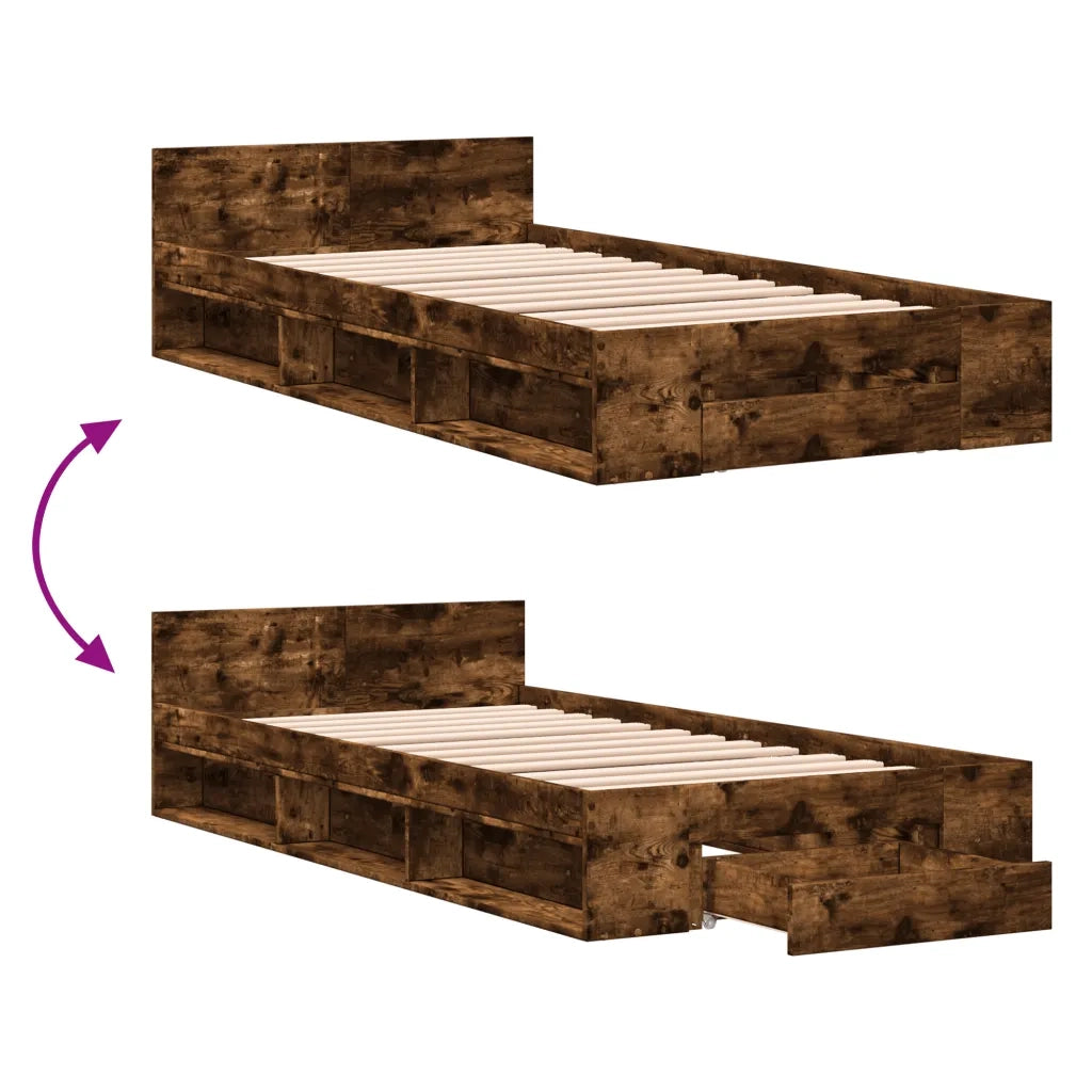 Letto singolo | Letto per adulti | Giroletto con Cassetto Rovere Fumo 100x200 cm Legno Multistrato