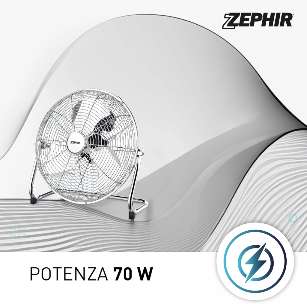 Zephir, Ventilatore Industriale da Pavimento, Alta Velocità, Acciaio Cromato, Pala 35cm, Inclinazione regolabile, Potenza 70W