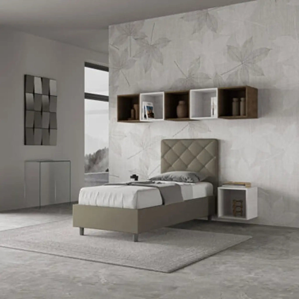 Letto singolo contenitore imbottito 90x190 similpelle cappuccino Priya