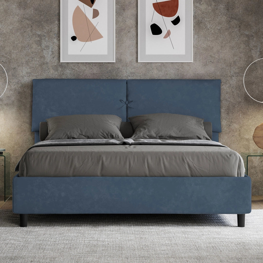 BS COM Letto matrimoniale contenitore doppia alzata imbottito 160x210 microfibra blu