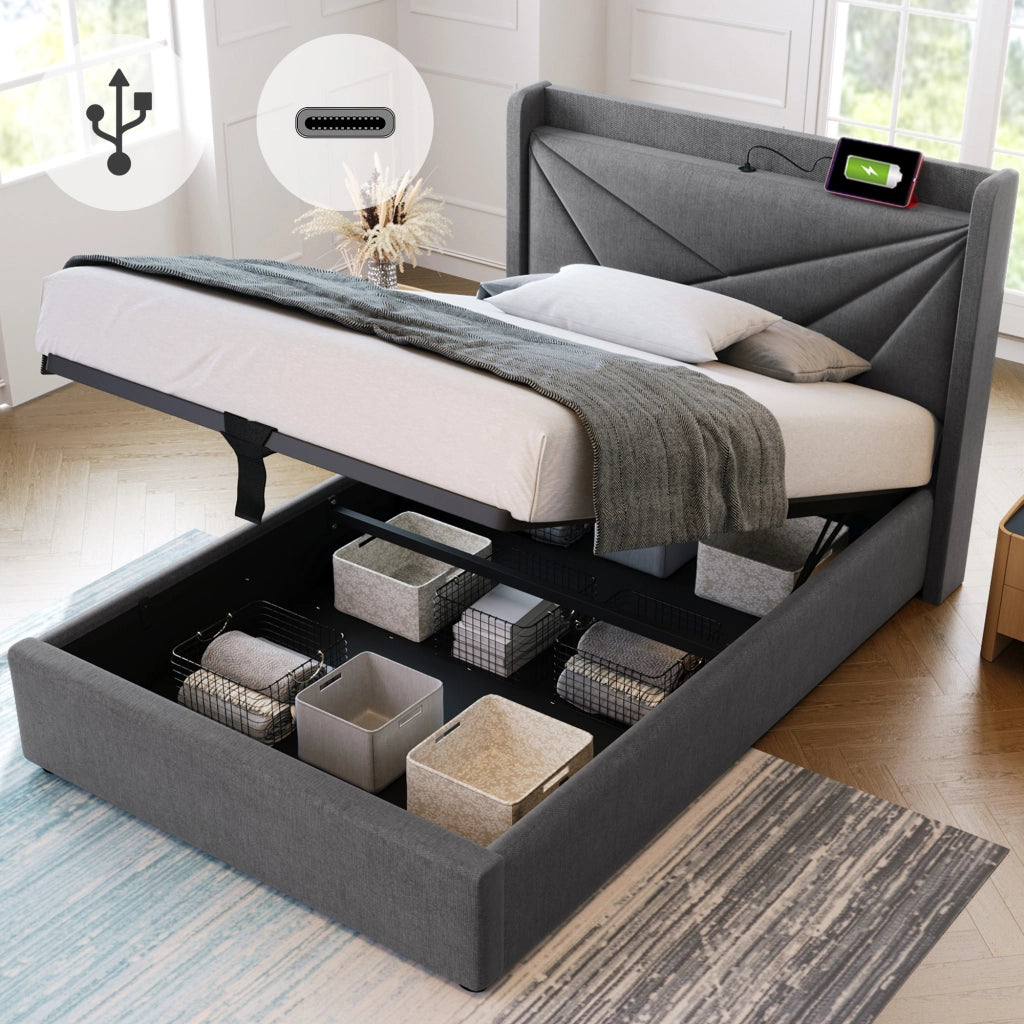 LETTO Contenitore 90x200 cm Grigio in cotone e lino con USB e Type-C
