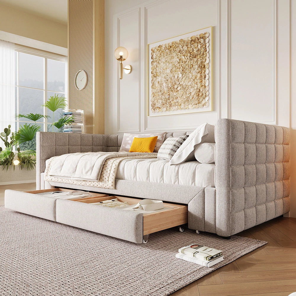 Divano letto - Xylo - 90x200 cm estendibile 2 cassetti beige