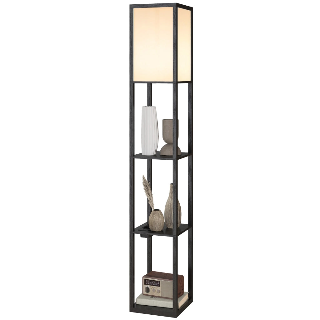 Lampada da Terra con Ripiani, Luce Regolabile, Interruttore a Pedale e Porte USB, Nero