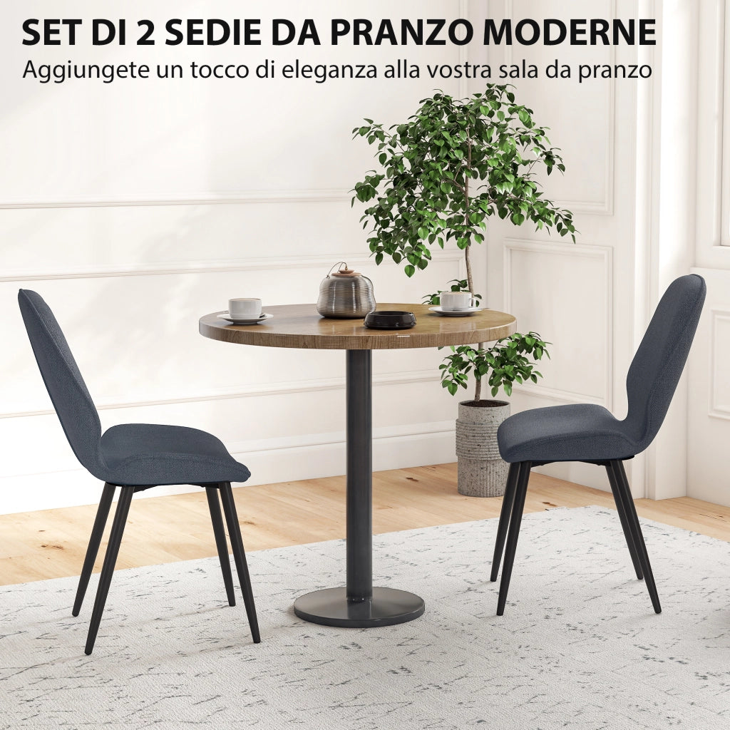 Set 2 Sedie da Pranzo ¨C Xylo ¨C Schienale Ricurvo Tessuto Effetto Lino Grigio e Nero 46x56x86 cm