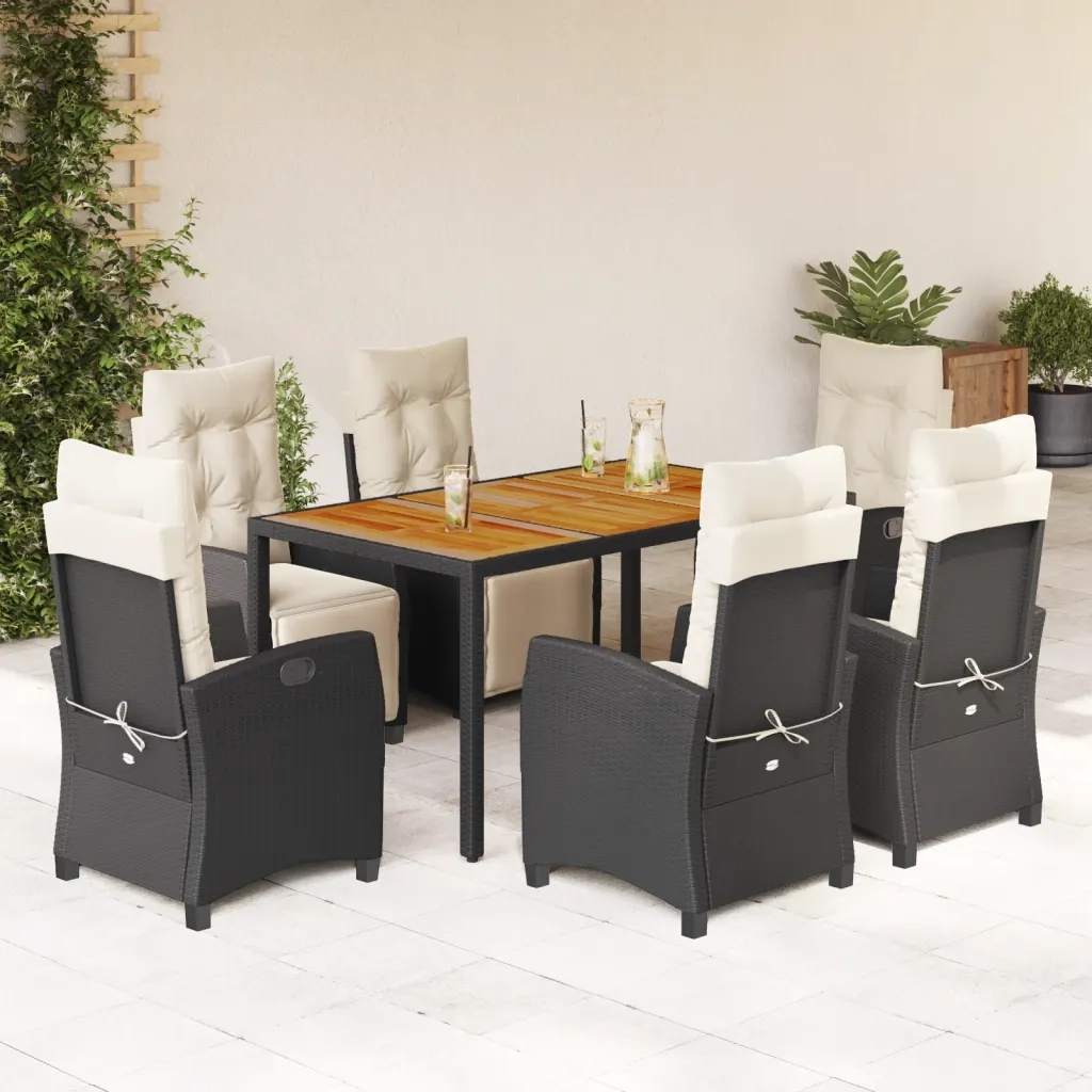 Set da Pranzo da Giardino 7 pz Nero con Cuscini in Polyrattan 3212903