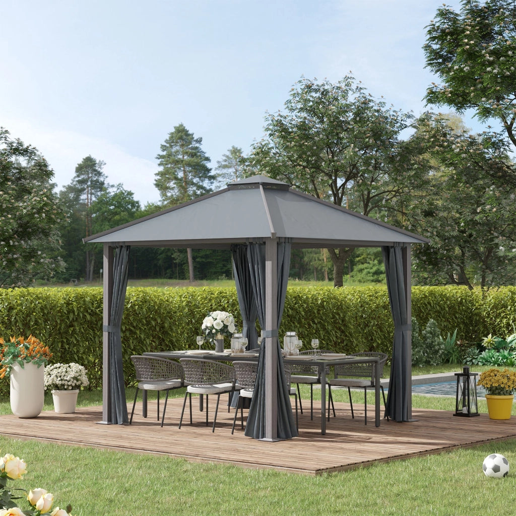 Gazebo da giardino 3x3m con 4 pareti laterali doppio tetto protezione solare ¨C Xylo ¨C Grigio