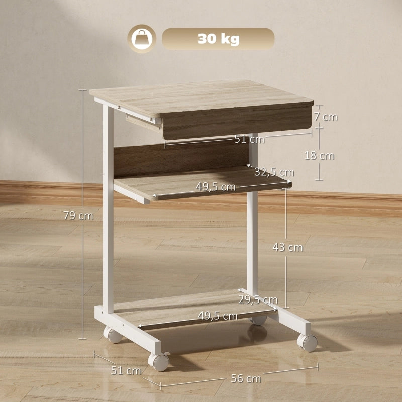 Scrivania PC compatta con cassetto, ripiani e ruote, finitura rovere