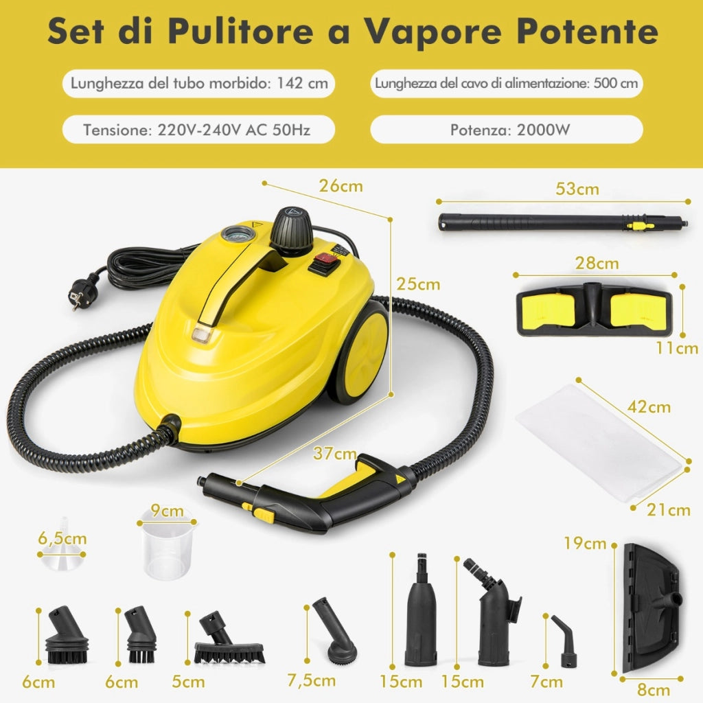 Pulitore a vapore multifunzione con capacit¨¤ d'acqua di 1,8L e 13 accessori, Macchina per la pulizia 2000W Giallo-Elettrodomestici pulizia