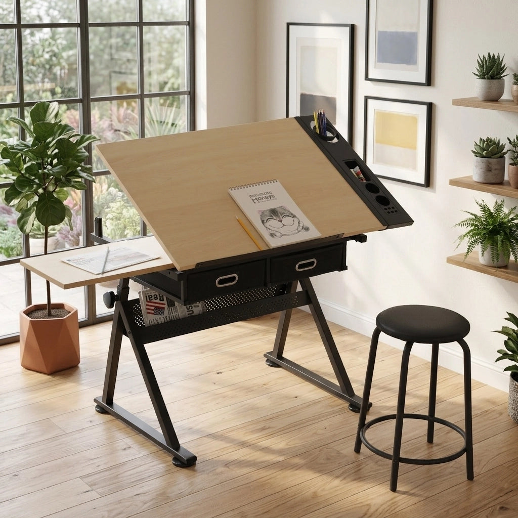 Scrivania Regolabile con 2 Cassetti e Sgabello ¨C MINIMAL ¨C Legno Acero