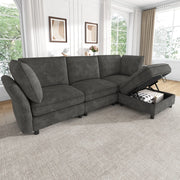 Divano modulare a L 225x137x84 cm in chenille grigio con pouf contenitore e cuscini