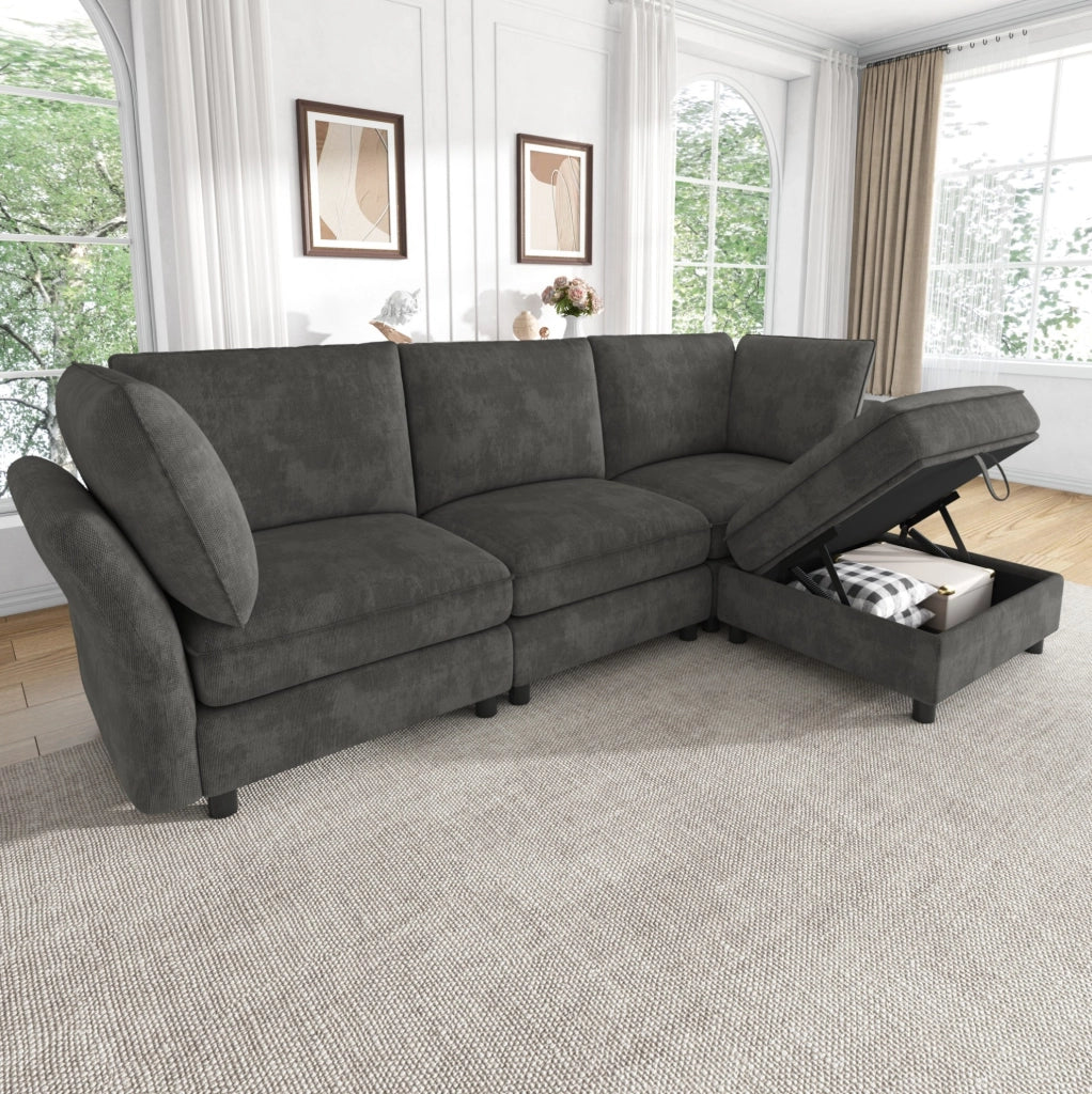Divano modulare a L 225x137x84 cm in chenille grigio con pouf contenitore e cuscini