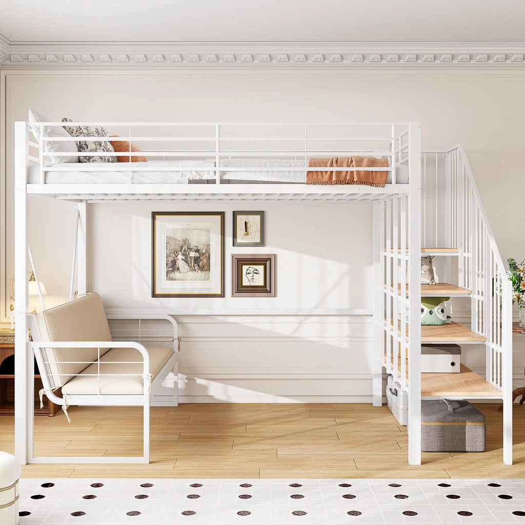 DESMIU Letto a castello 140 × 200 cm 3 posti con scala contenitore e divano sfoderabile, senza materasso, bianco