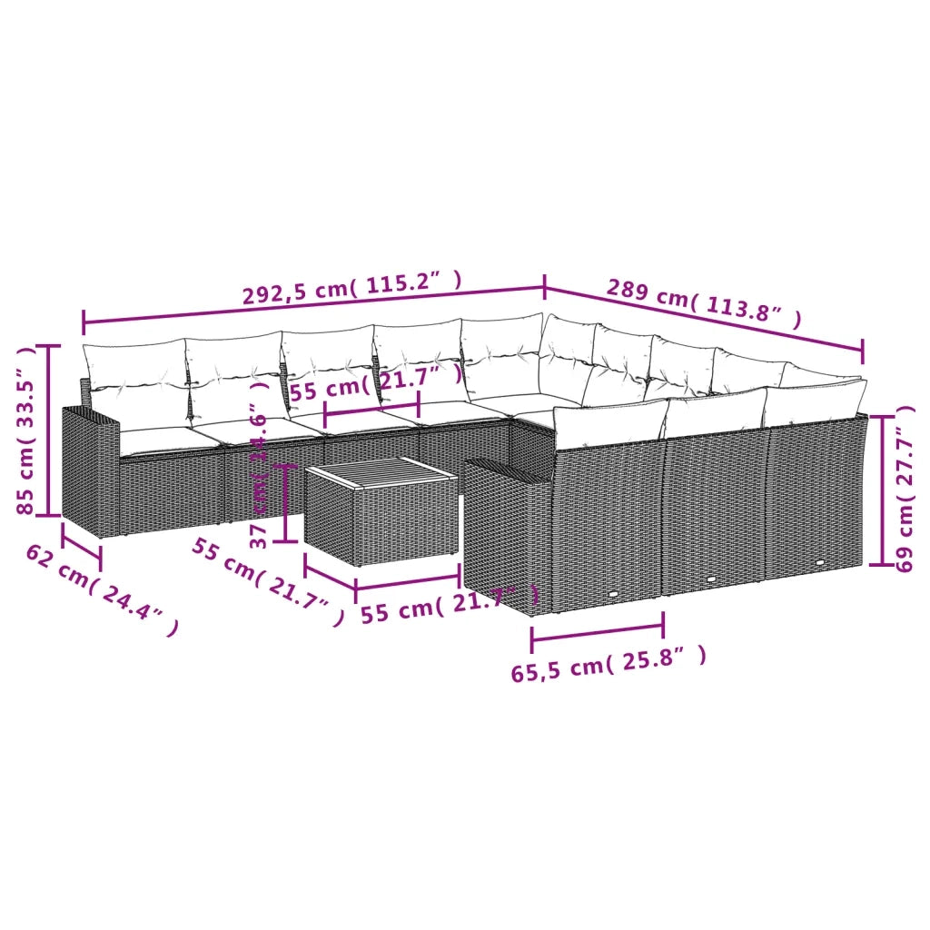 Set Divani da Giardino 12 pz con Cuscini Nero in Polyrattan 3224348