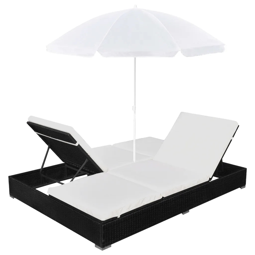 Lettino Prendisole con Ombrellone in Polyrattan Nero 42950