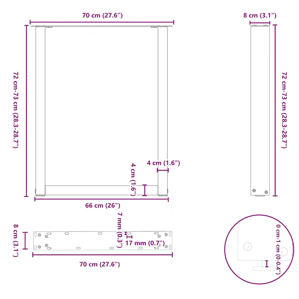 Gambe per tavolo da pranzo a forma di U 2 pz nere 70x(72-73) cm in acciaio 4013184