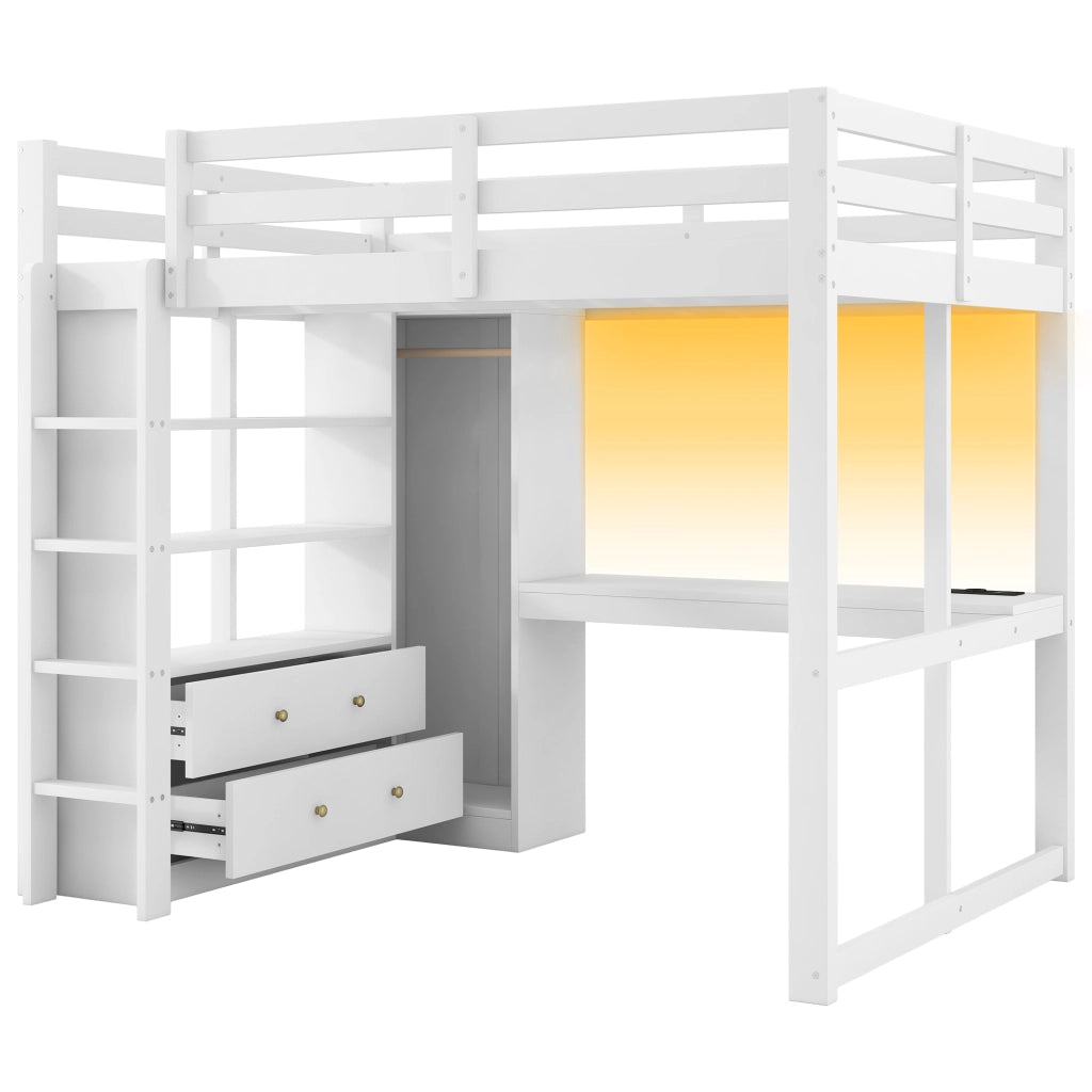 Letto a soppalco 140x200 bianco con scrivania, 2 cassetti, ripiani, LED e USB