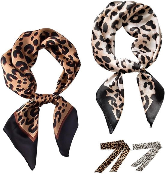 Set di sciarpe in seta da 2 pezzi - Dimensioni 70 x 70 cm - Sciarpe lunghe da donna 4 pezzi 90 cm - Disegno leopardo - Foulard/Sciarpa per collo - Accessorio alla moda