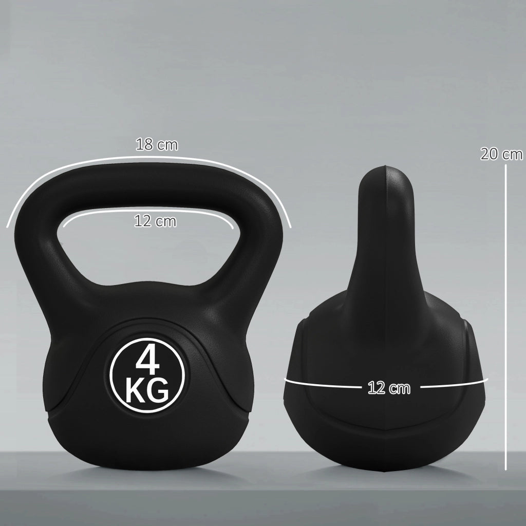 Kettlebell 4kg in Plastica e Sabbia con Base Piatta e Impugnatura, 18x12x20 cm, Nero