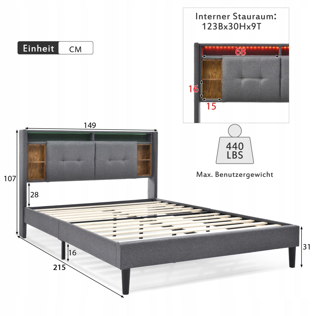 Letto imbottito 140x200 grigio - Xylo - con USB e LED