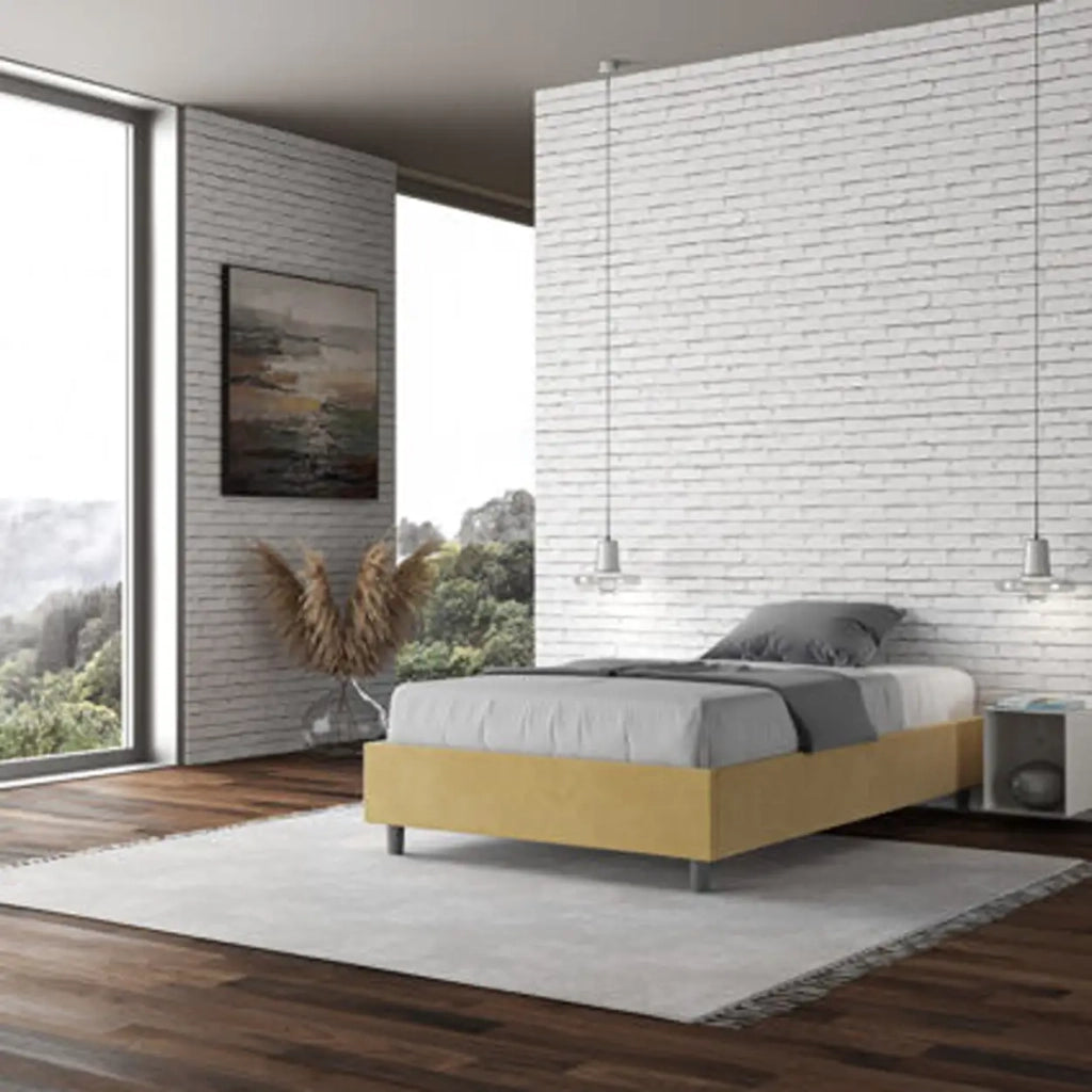 Letto una piazza e mezza con rete imbottito 120x200 microfibra ocra Azelia