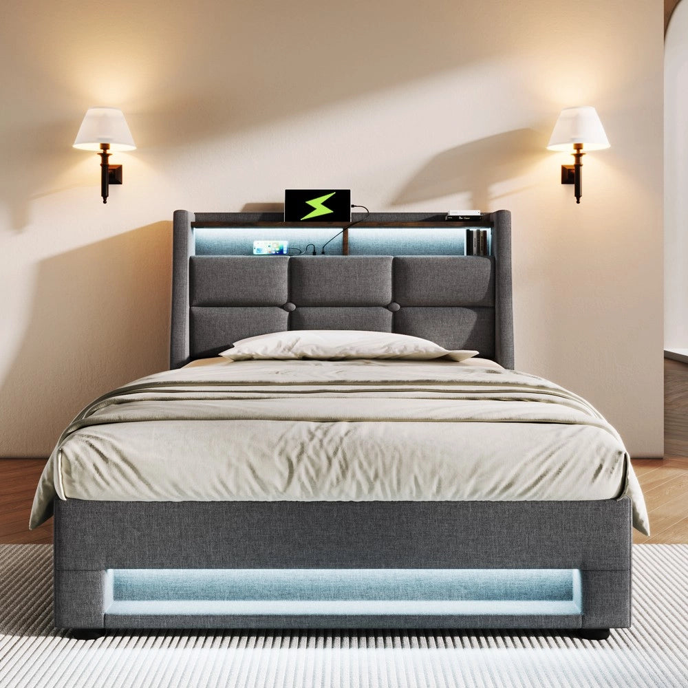 Letto Singolo Imbottito con LED e Rete a Doghe ¨C MINIMAL ¨C Tessuto Lino, 90x200