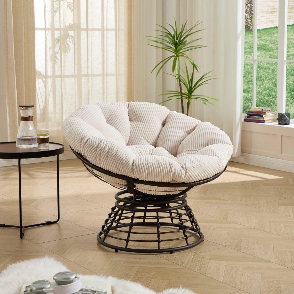 Chaise ergonomique en osier Papasan confortable chaise int¨¦rieure ext¨¦rieure pivotante ¨¤ 360¡ã avec coussin ¨¦pais et doux id¨¦ale pour le salon la chambre la salle de lecture cadre marron avec coussin blanc (velours c?tel¨¦)