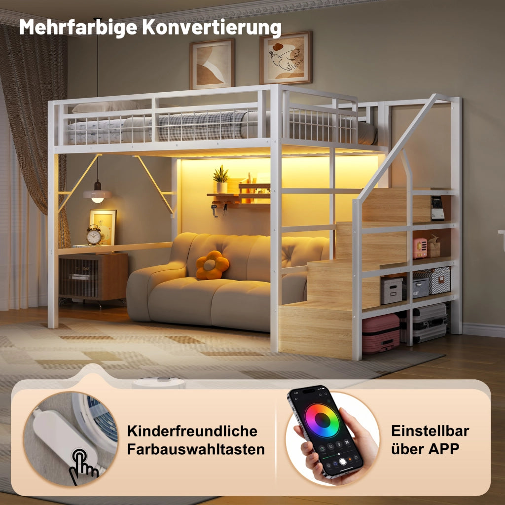 Letto castello 140x200 ferro LED scala stivaggio spazio gioco bianco