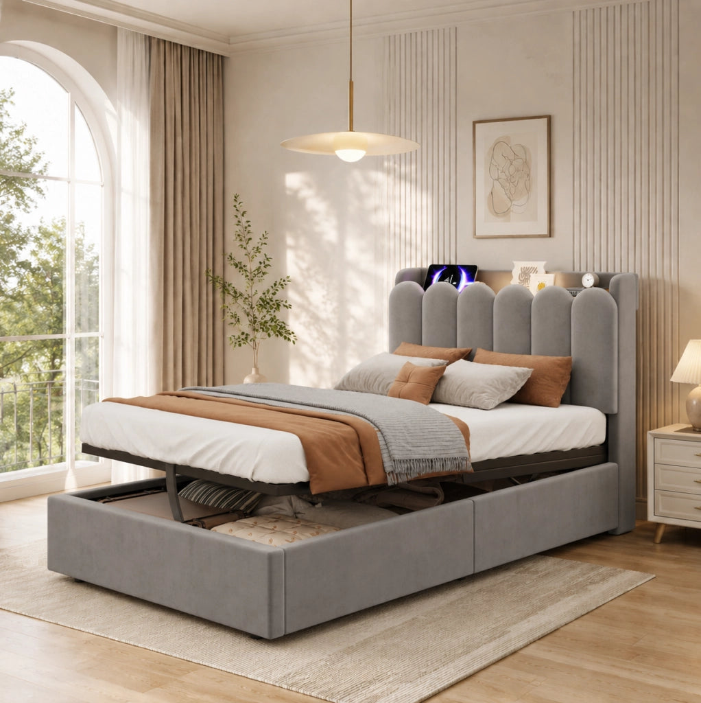 Letto singolo per bambini 90x200 cm in velluto grigio con contenitore; USB; Type-C e luce