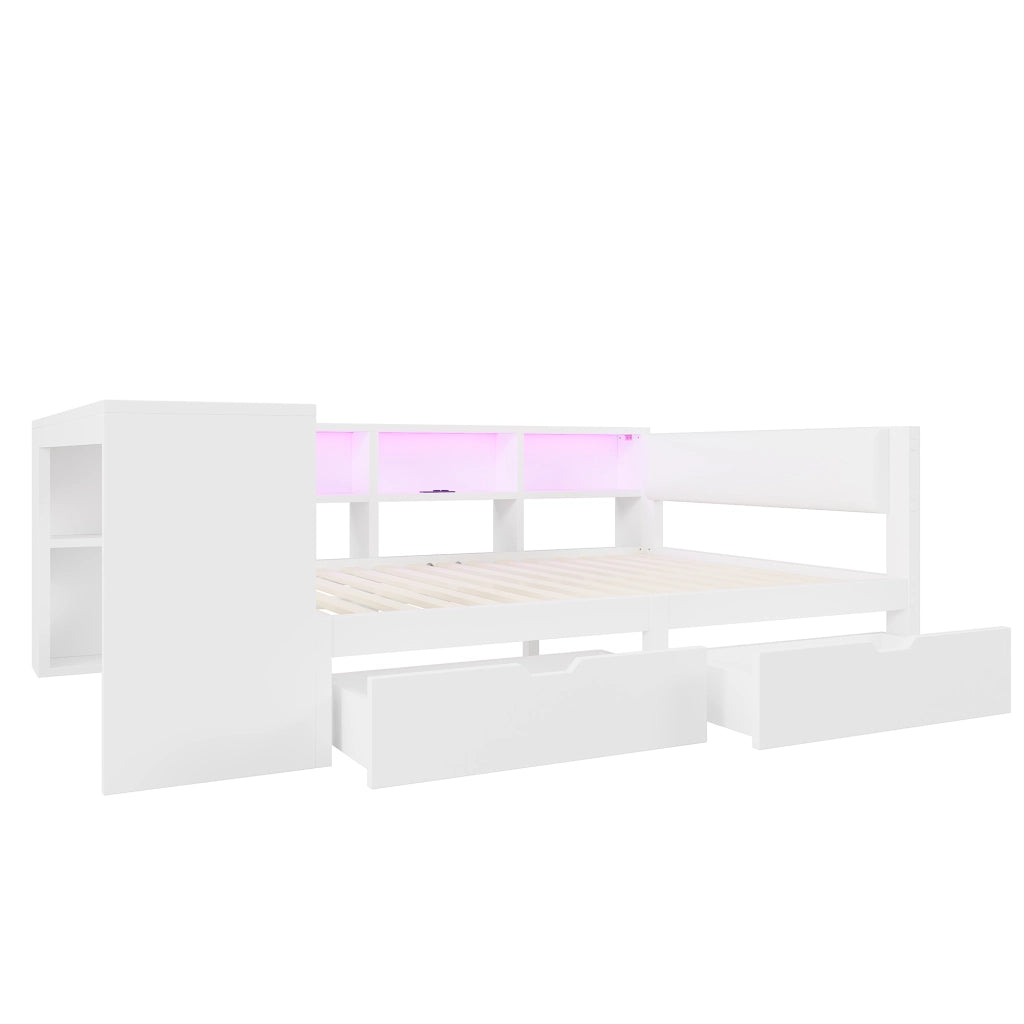 Letto legno 140x200 ripiani cassetti ricarica LED bianco