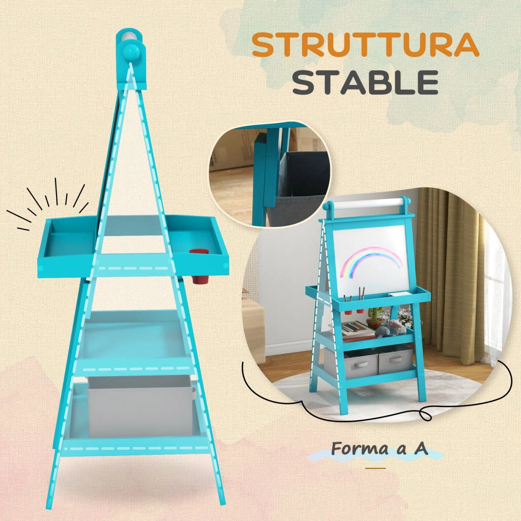 Lavagna per Bambini 3 in 1 con Cavalletto 59x48x118 cm Blu