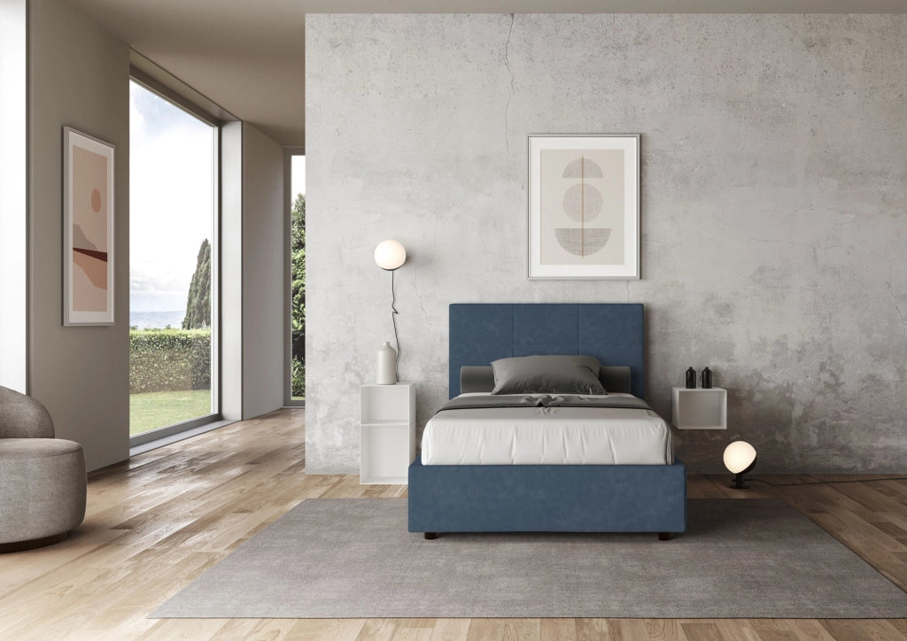 BS COM Letto una piazza e mezza con rete imbottito 120x210 microfibra blu