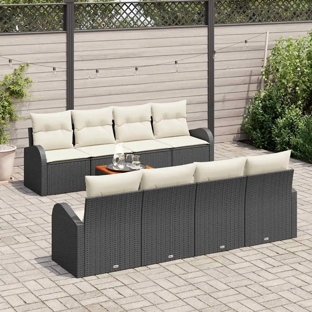 Set Divano da Giardino 9 pcs Nero e Crema polyrattan