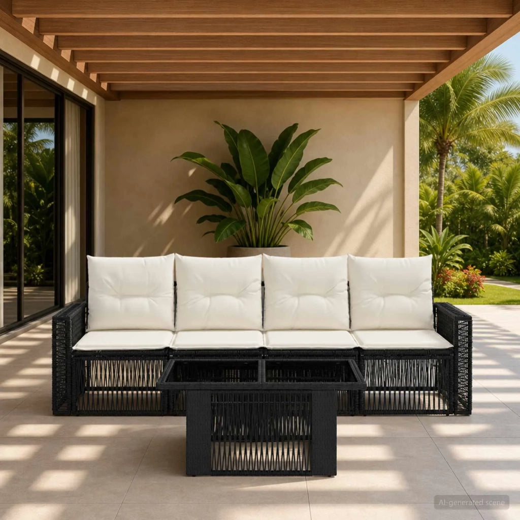 Set Divano da Giardino 5 pz Nero e Bianco Crema polyrattan 3436741
