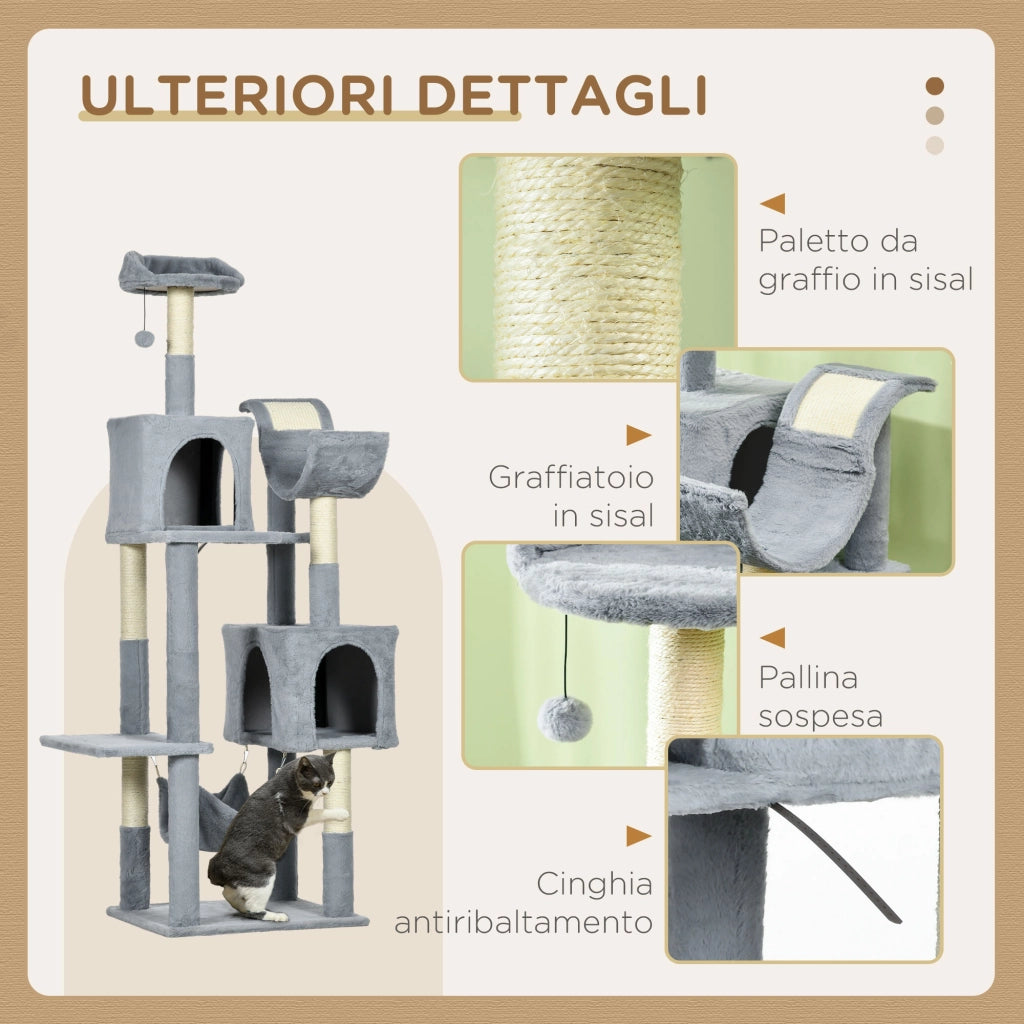 Tiragraffi per Gatti con Amaca e Casette ¨C Xylo ¨C Grigio e Bianco 55x49x177cm