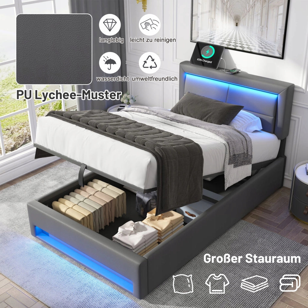 Letto imbottito 90x200 - Xylo - Grigio, USB, LED, con ripostiglio