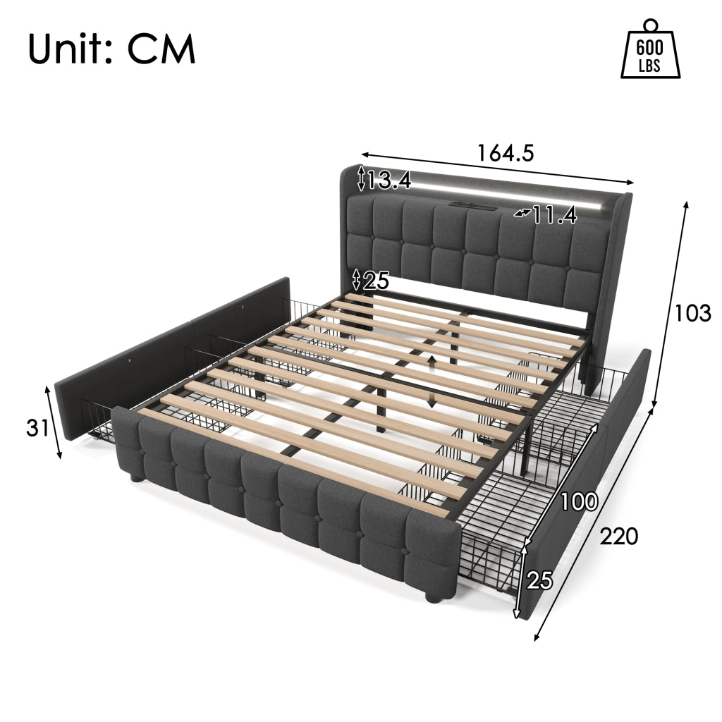 LETTO 160x200 cm Grigio in legno con 4 cassetti, LED, USB e prese