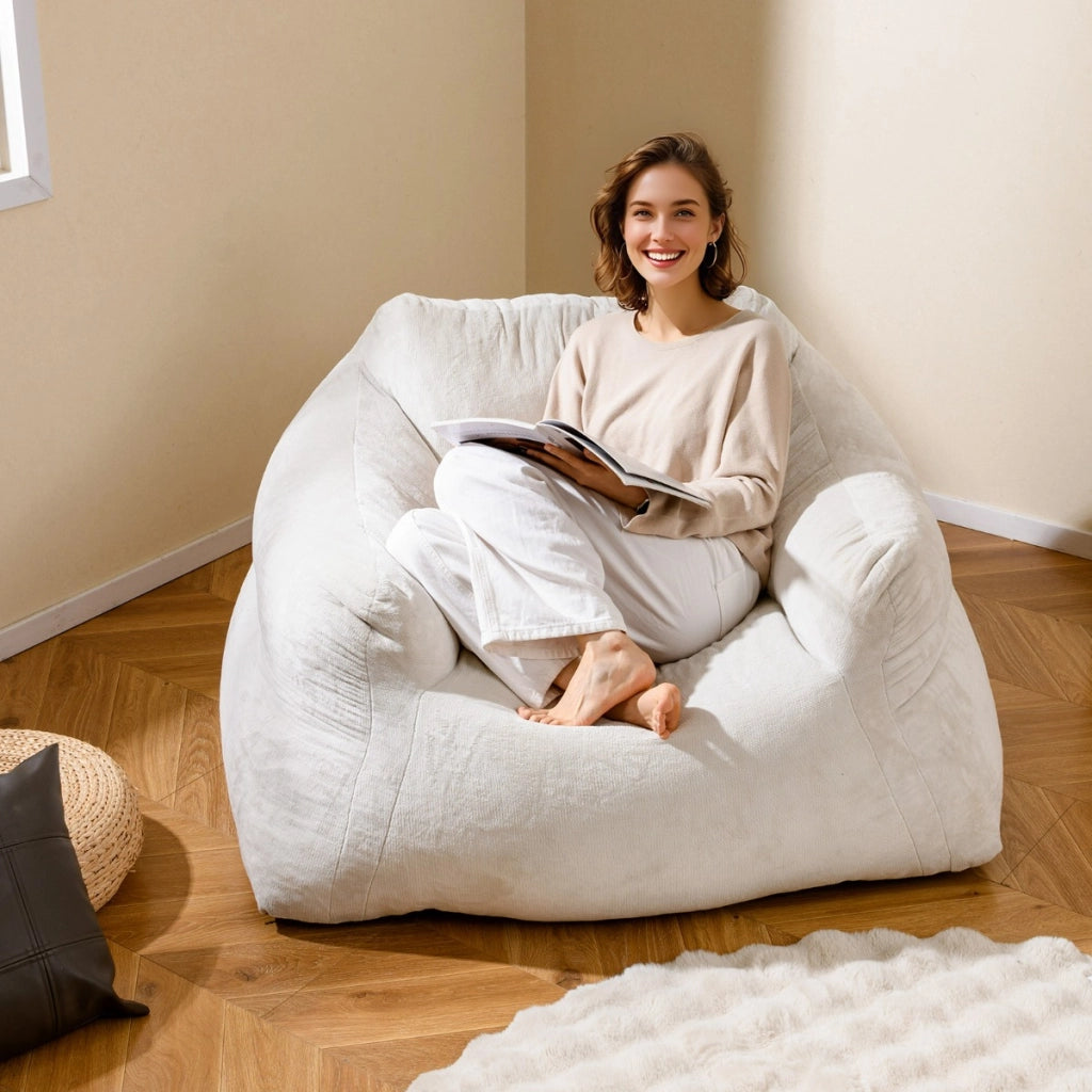 Divano pigro di peluche con rivestimento in velluto morbido, Divano da pavimento imbottito per soggiorno Beige-Divani da terra
