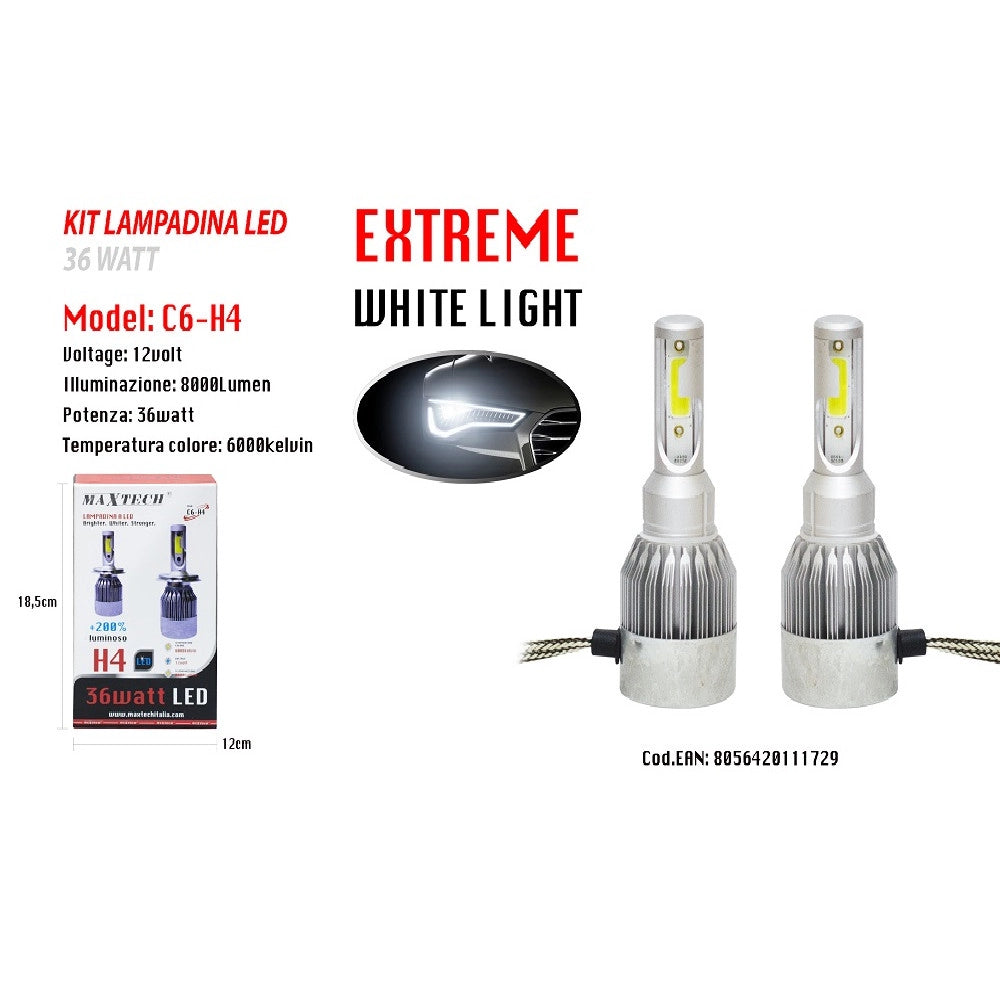 Trade Shop - Led Auto E Moto Lampade Fari Maxtech H4 C6 Kit Lampadine 36w Luce Bianca 6000k -