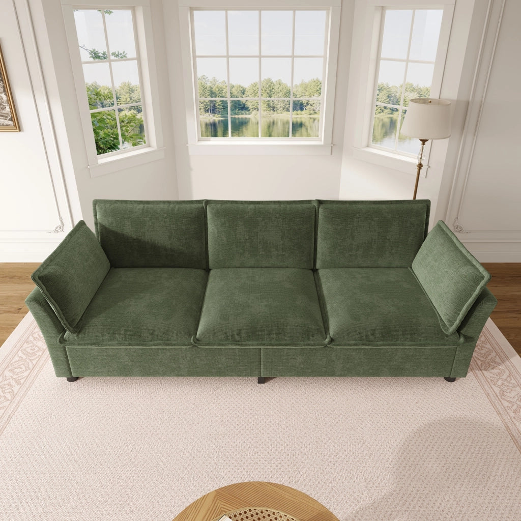 Divano lineare 3 posti - con cuscini bracciolo e struttura in metallo - in chenille verde