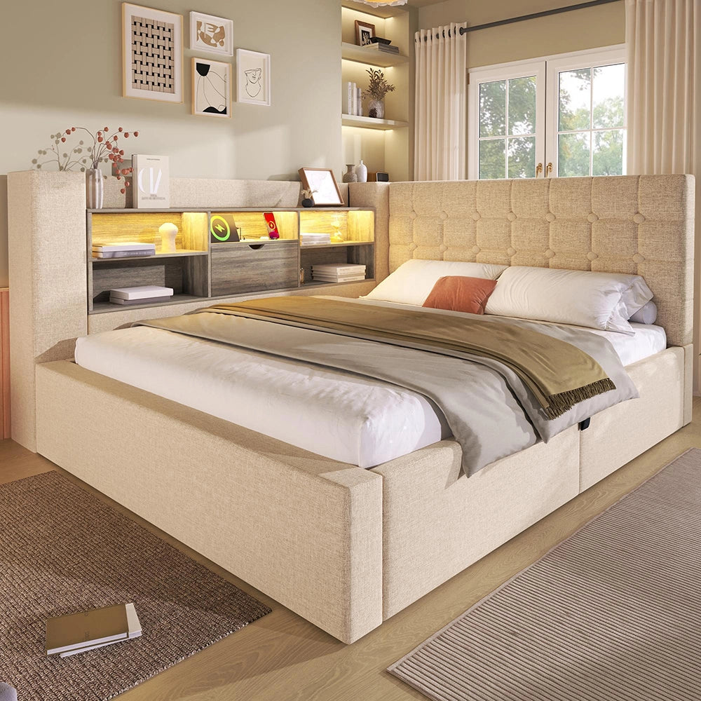 Letto imbottito-Xylo-140x200cm LED idraulico testiera a L lino beige senza materasso