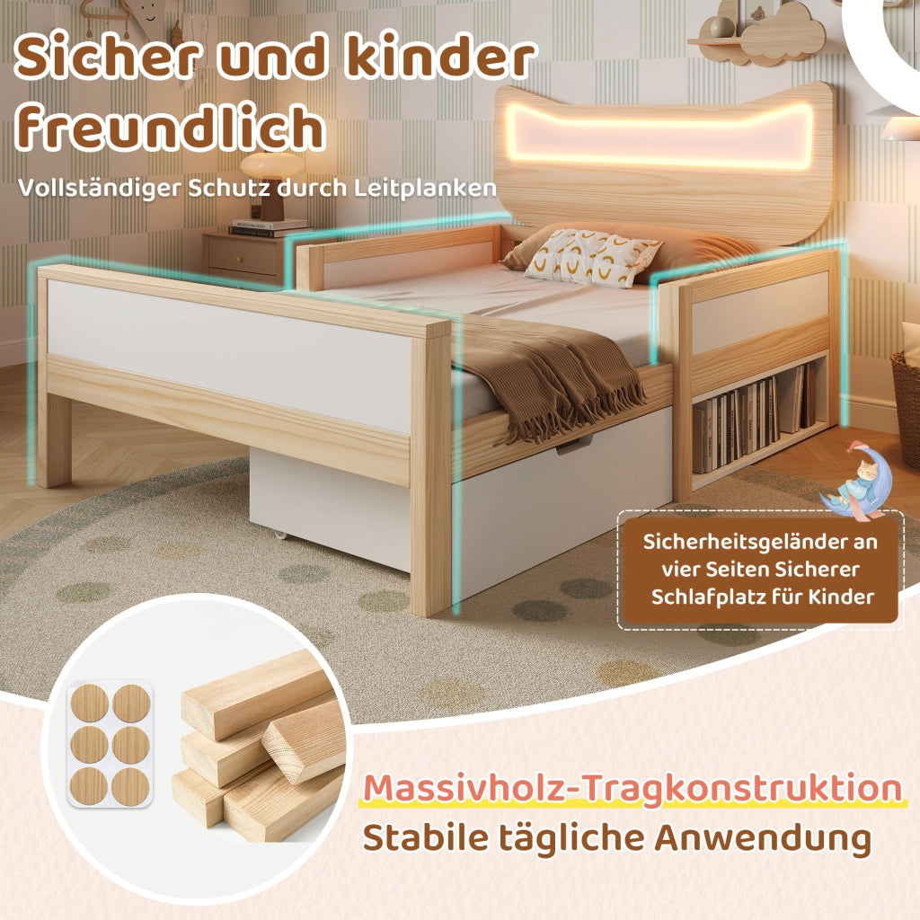 Lettino per bambini con orecchie da gatto e luci LED 90x190 cm in legno di rovere e bianco