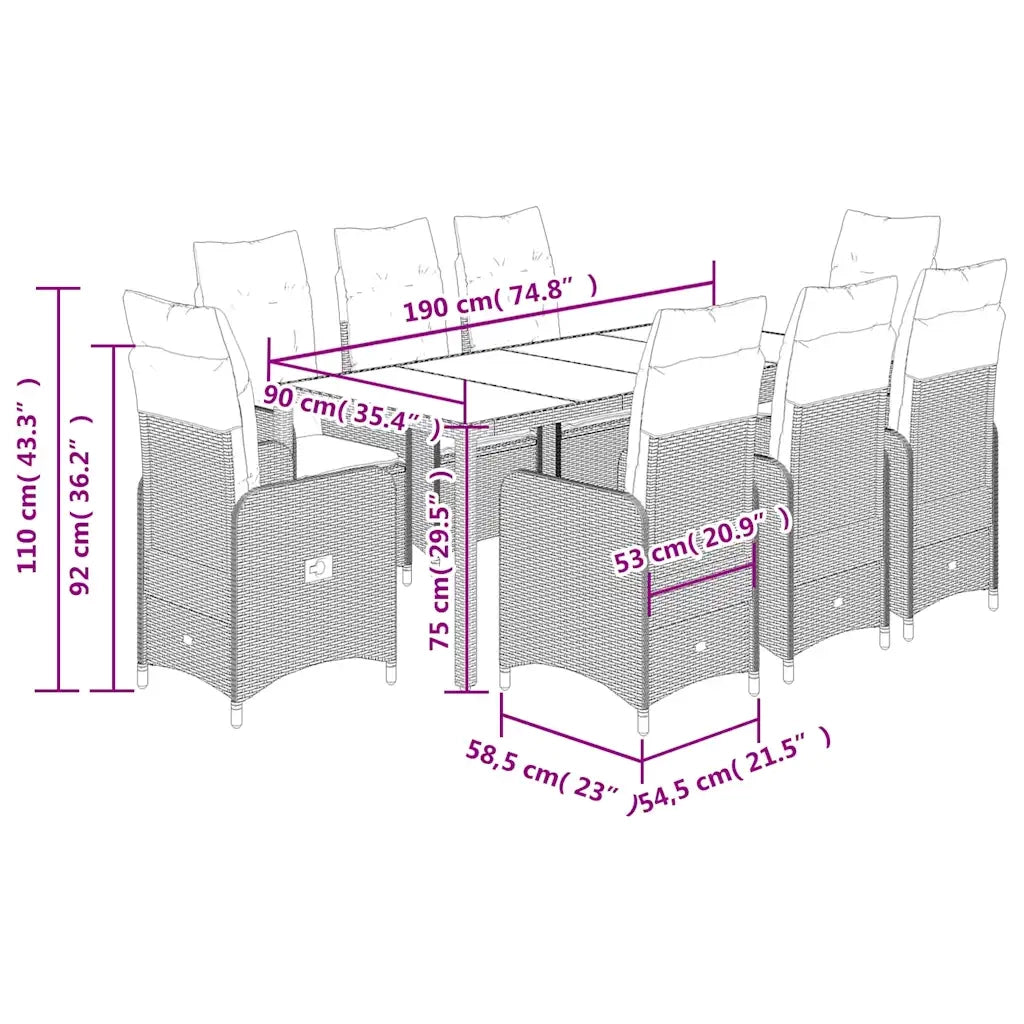 Set Bistrò da Giardino 9 pz con Cuscini in Polyrattan Grigio 3277039