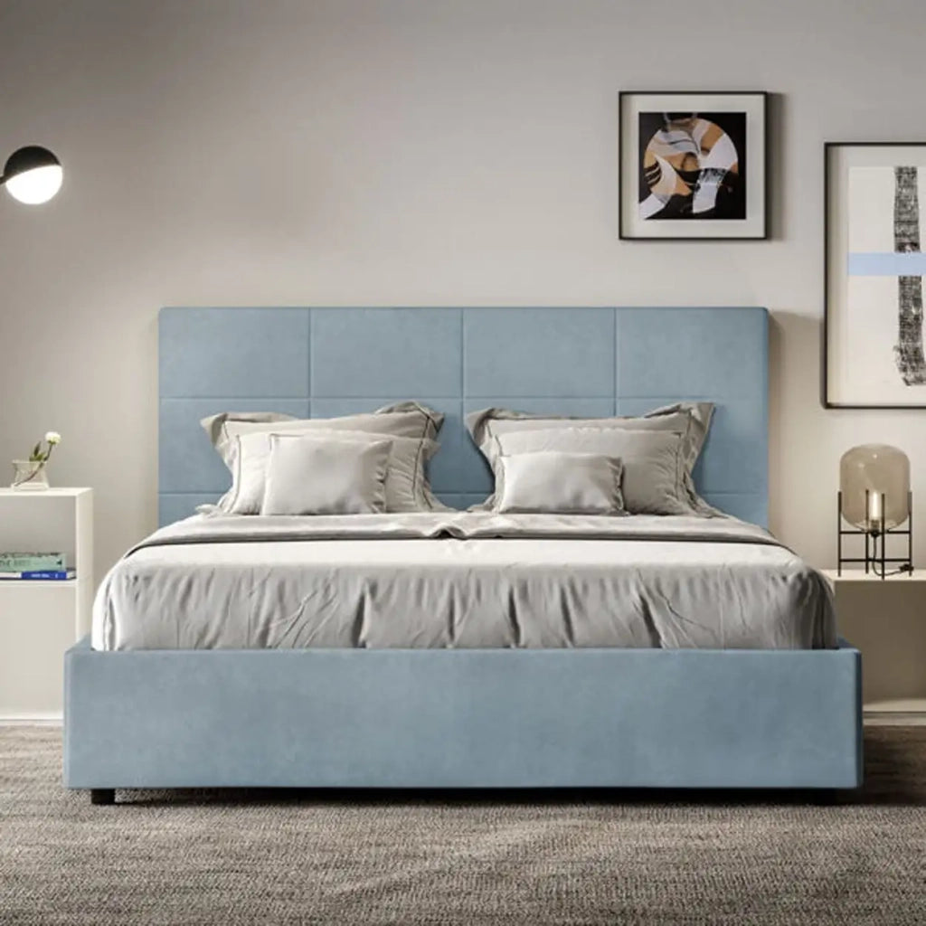 Letto matrimoniale con rete imbottito 160x200 microfibra azzurro Mika