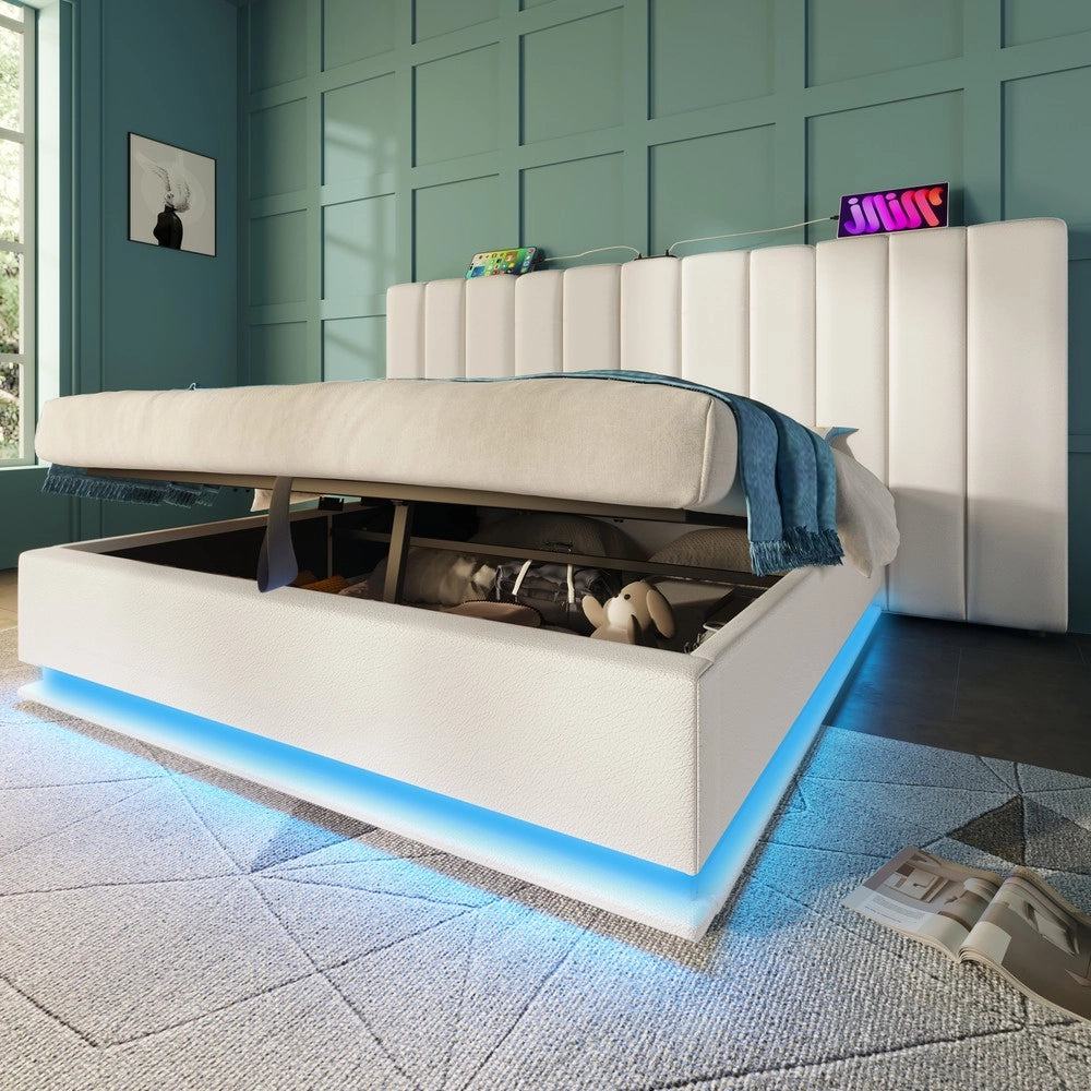 Letto Imbottito Contenitore Matrimoniale con LED e USB ¨C MINIMAL ¨C PU Bianco 180x200