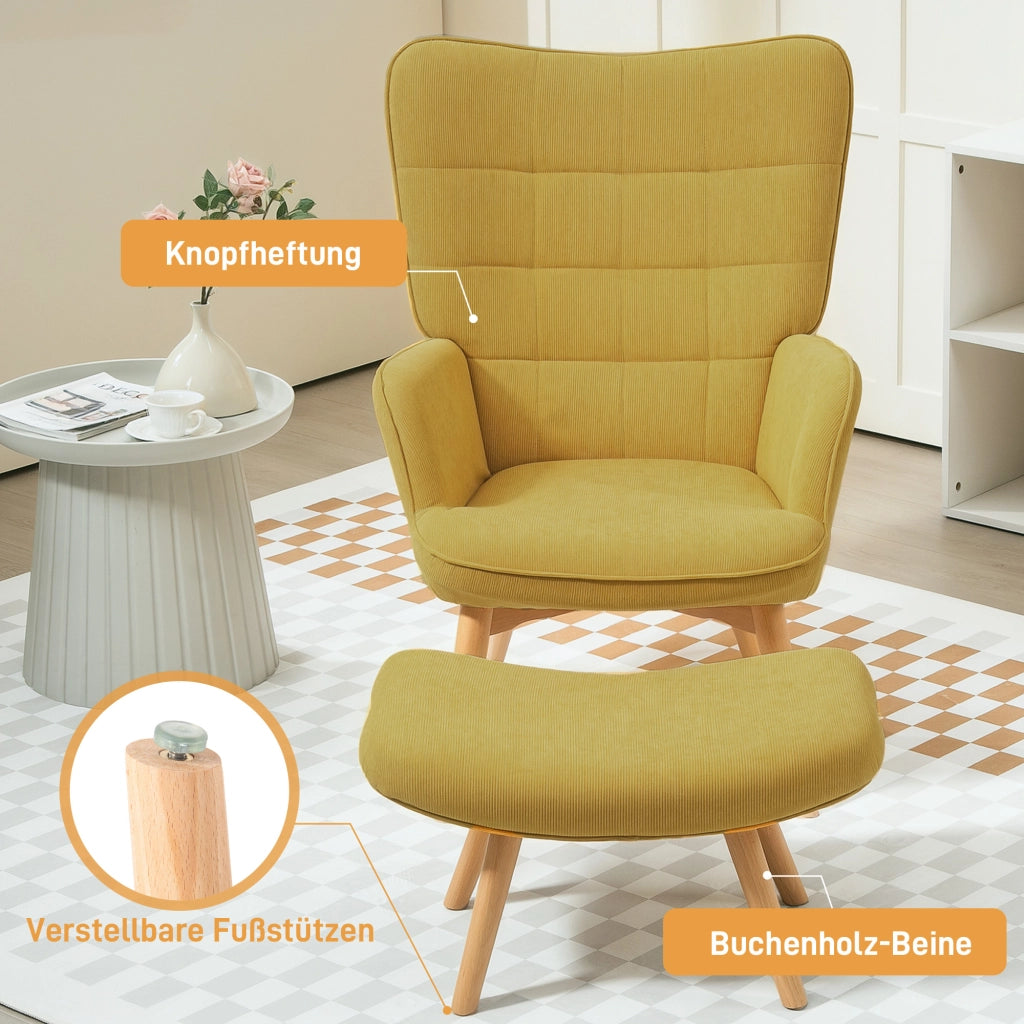 Poltrona relax con poggiapiedi ¨C Xylo ¨C tessuto effetto velluto a coste, gambe in legno, arancione